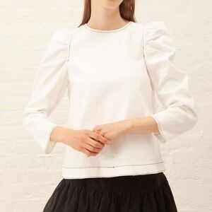 Ulla Johnson Finn Blouse‎ Top 10 White Denim Puff Sleeve Contrast Stitch Minimal